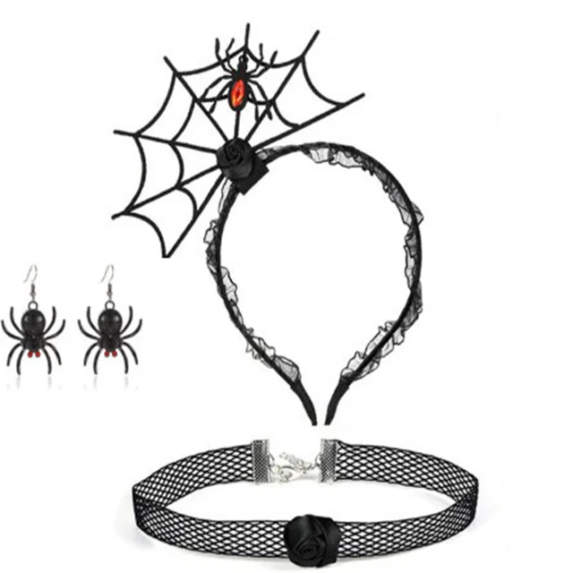 Set Accessoires Halloween Araignée - Serre-tête, Collier, Manchons Dentelle - 3 Pièces Noir - Cosplay, Déguisement