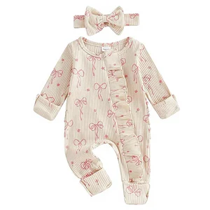 Newborn Baby Girl Romper Bow Printed One Piece Ribbed Jumpsuit Bodysuit Fall Winter Clothes Headband Made China Model