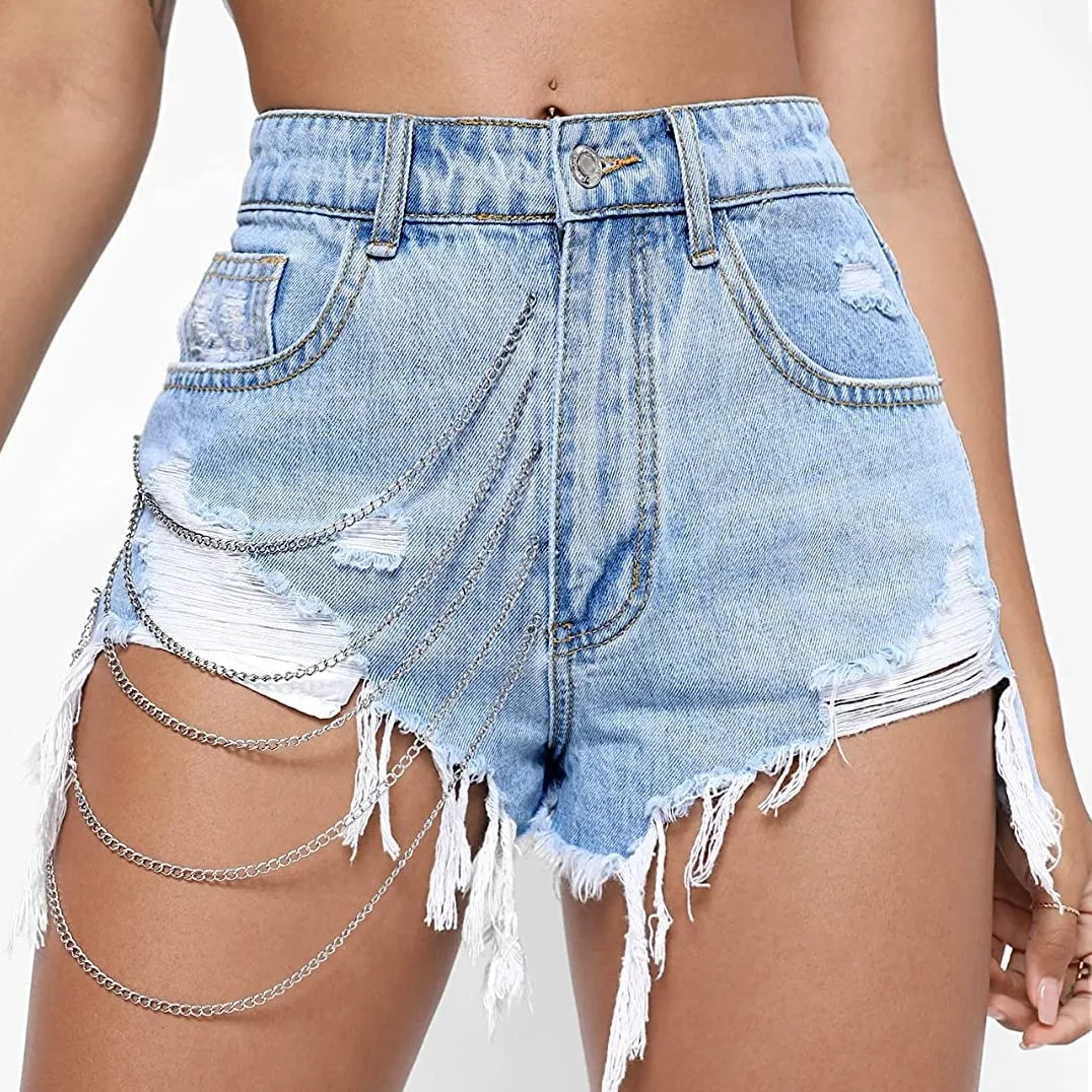High Waist Blue Woman Jean Shorts With Chains For Women Jeans Ripped
