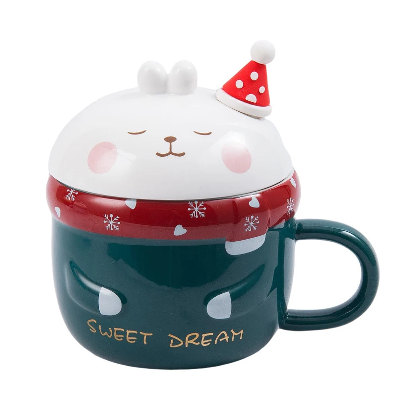 Wholesale stock creative cute 3d rabbit porcelain coffee mug cup water cup milk mugs with lid and sponn for drinking