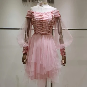 New European American High Waist Mesh Dress Women Bubble Sleeves Nail Bead Perspective Irregular Princess Design Knee-Length