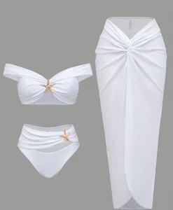 STOCK 4Colors Starfish Women 3Pieces Swimwear Cut Out High Waist Bikini and Skirt Set Beach Cover Ups S-XL