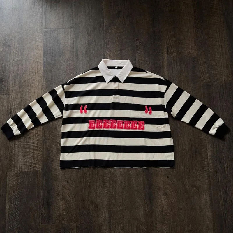 Salati Customized High Quality Striped Collared 100% Cotton Embroidered Long Sleeve Boxy Cropped T-shirts Rugby Men Polo Shirts gallery 7