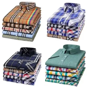 Mens Long Sleeve Shirts Loose Casual Business Formal Dress Free Iron Stretch Plaid Shirt Factory Direct Sales