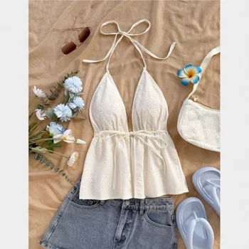 Women's Custom New Summer Leisure Tie Shirt Casual V-Neck Front Tied Backless Texture Fabric White Tank Top