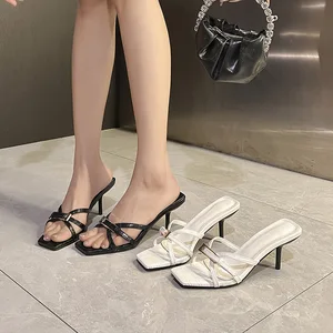 QuiteS Luxury Women's 2026 Summer High Heels Black Patent Leather Gold Square Toe Open Toe Strap Lace-Up Stone Outdoor