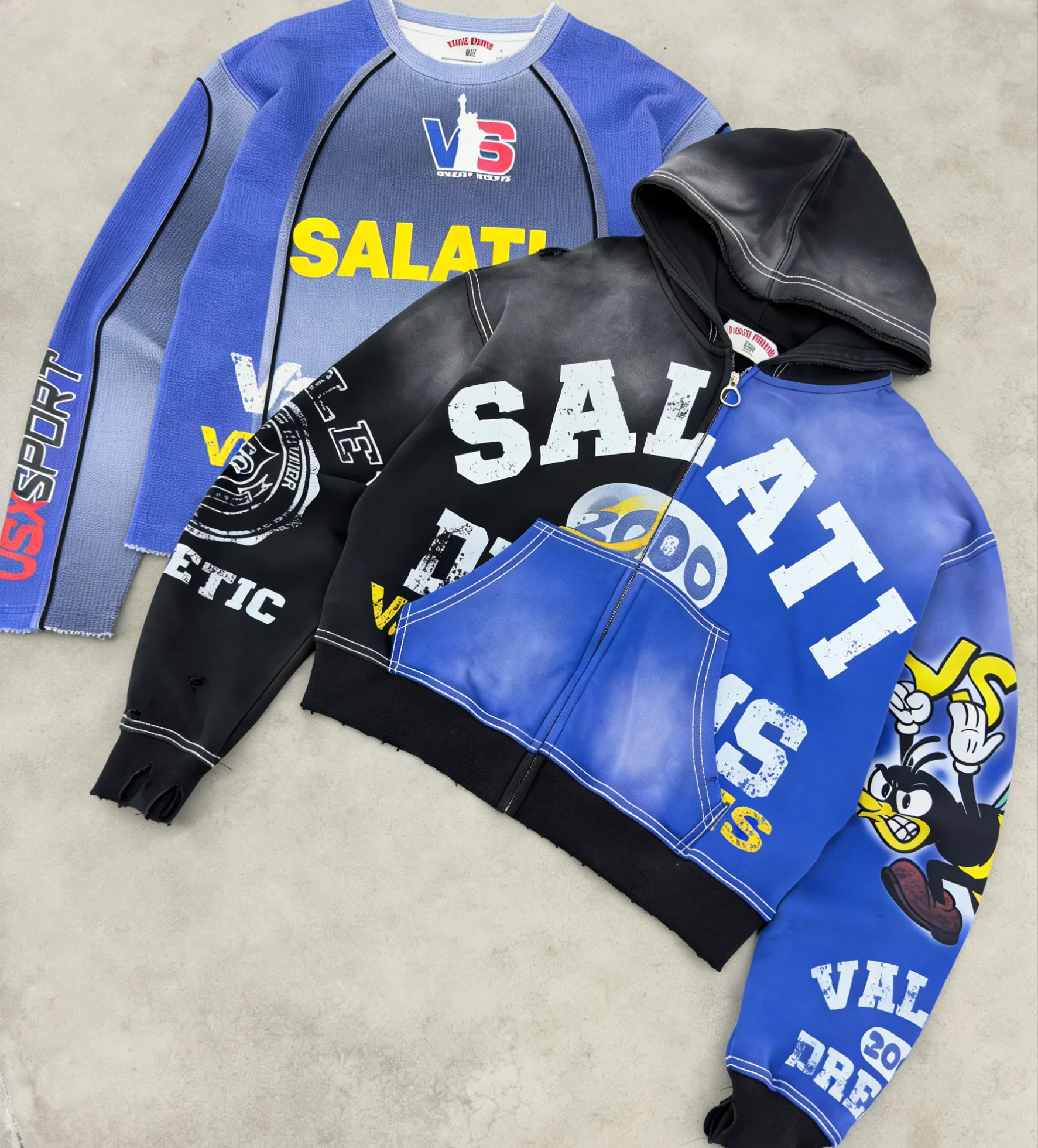 SALATI Custom Embroidery Screen Print Painted Acid Washed Deep Distressed Ripped Pocket Double Layer Hood Raw Hem Hoodies gallery 7