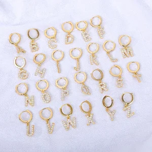 10mm Gold Color Diamond Earrings A-Z 26 English Letter Pendant Creative Drop Ear Buckle for Women Stainless Steel Jewelry