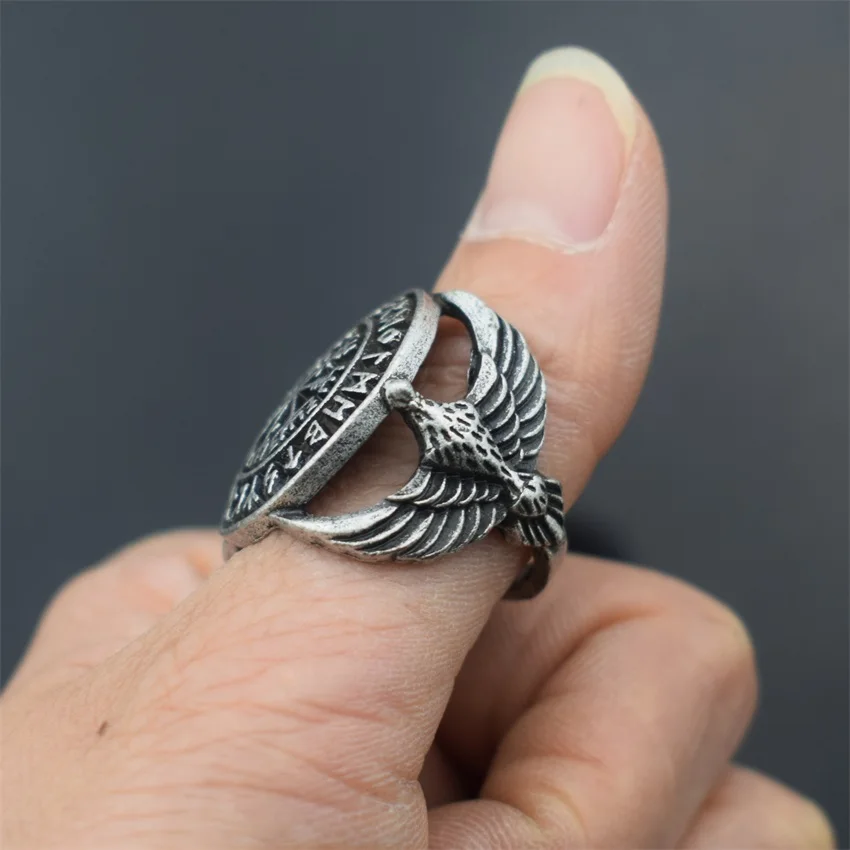 Vintage Alloy Viking Compass Rune Odin Raven Rings for Men Gift