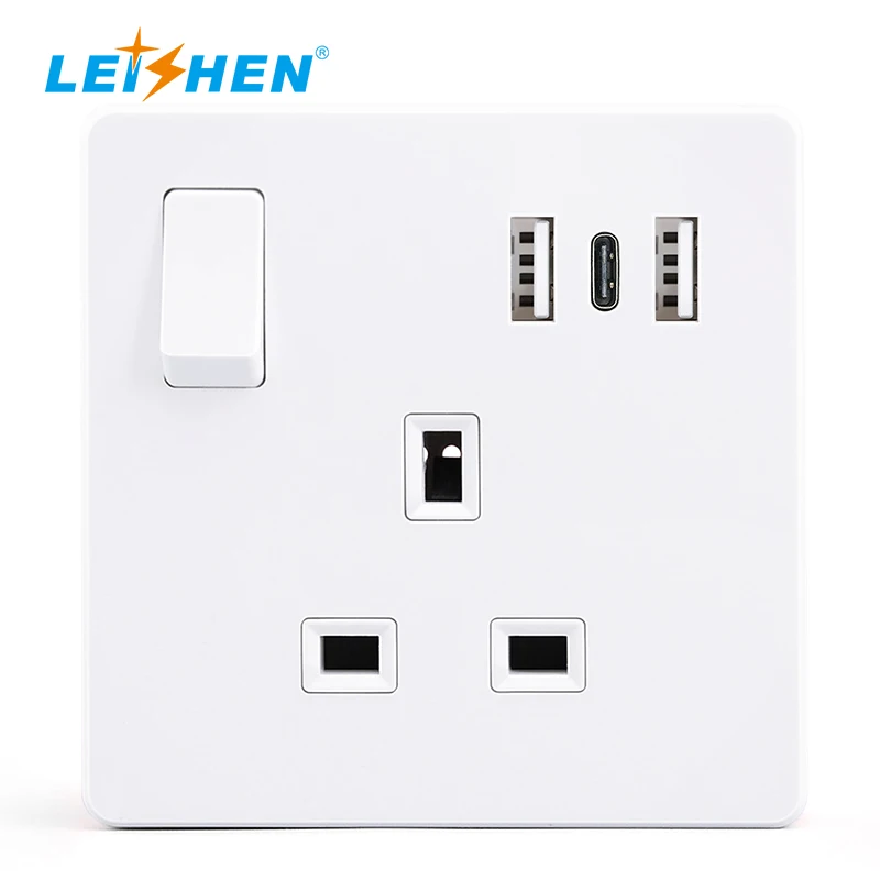 Twin USB One Type C Wall Power UK Socket Plug Grounded British Standard Electrical Single Outlet Switch BS Wall Socket Usb Ports