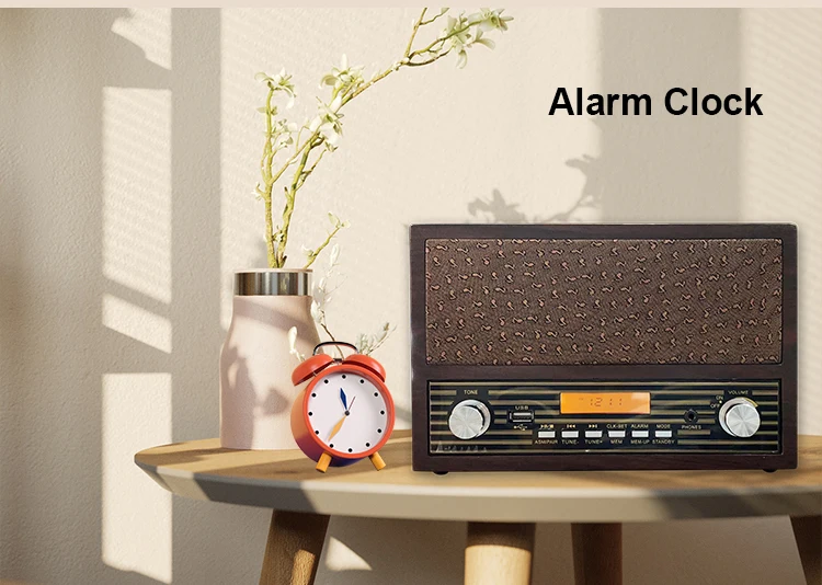 High Quality Wood Retro FM Clock Radio with Headphone Jack