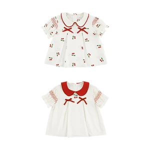 YOEHYAUL X5119 Cherries Print Sweet Summer Toddler T Shirt T-shirts for Girls 100% Cotton Short Sleeve Kids Blouse