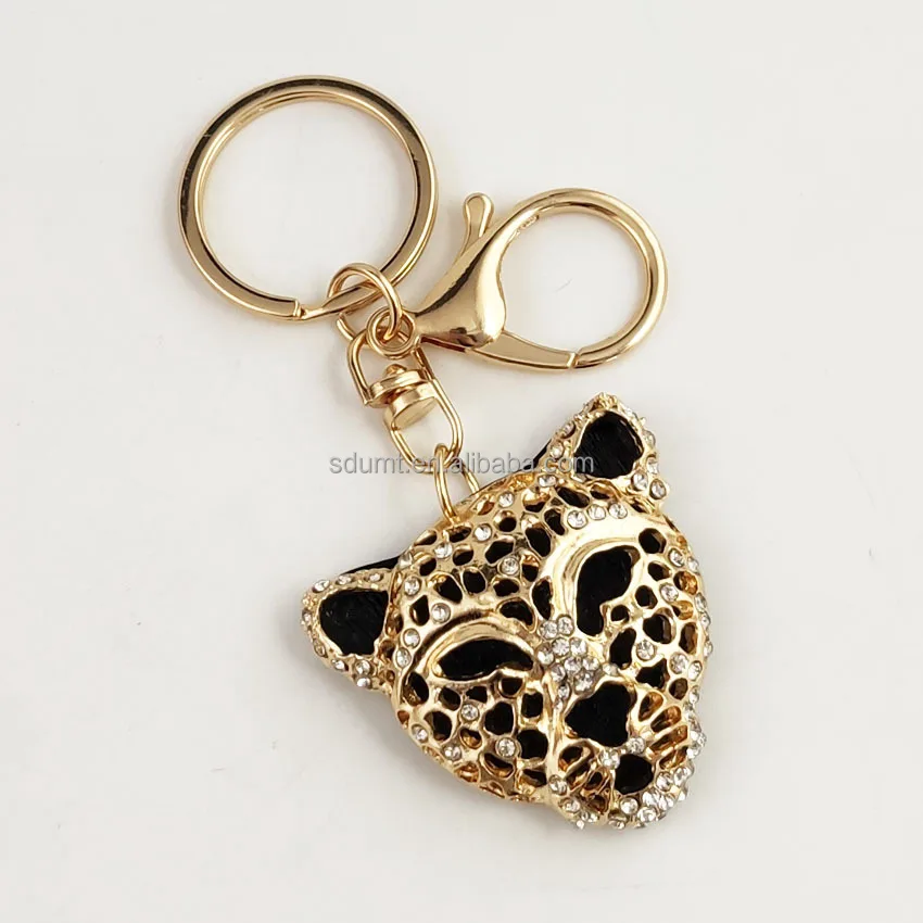 Golden Craft Design Keychain Rhinestone Leopard Head Key Chain Pendant