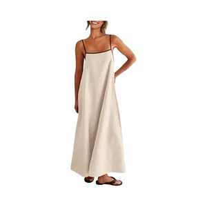 Women's 2025 Summer Solid Linen Maxi Dress Floor-Length Natural Casual Party Beach Wear Backless Spaghetti Strap Sleeveless