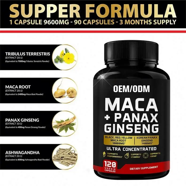 Good Quality OEM Maca Root Capsules 10000 mg Panax Ginseng Capsules Black Red Yellow Maca Root Supplement
