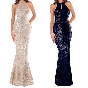 18600# Elegant Long Halter Evening Dress Custom Sequin Fishtail Design New Party Temperament Empire Waistline Chiffon Cashmere