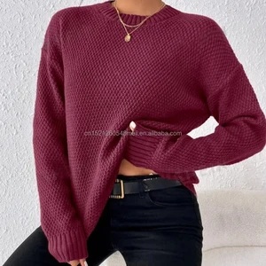 Europe United States Women's Casual Long Sleeve Pullover Sweater Solid Color Slit Design for Autumn Winter Knitted Weaving