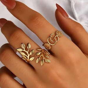 MW 2 Pcs/Set Stainless Steel  Leaf and Flower Finger Ring Cocktail Ring Women Trendy Waterproof Accessories Fashion Hand Jewelry