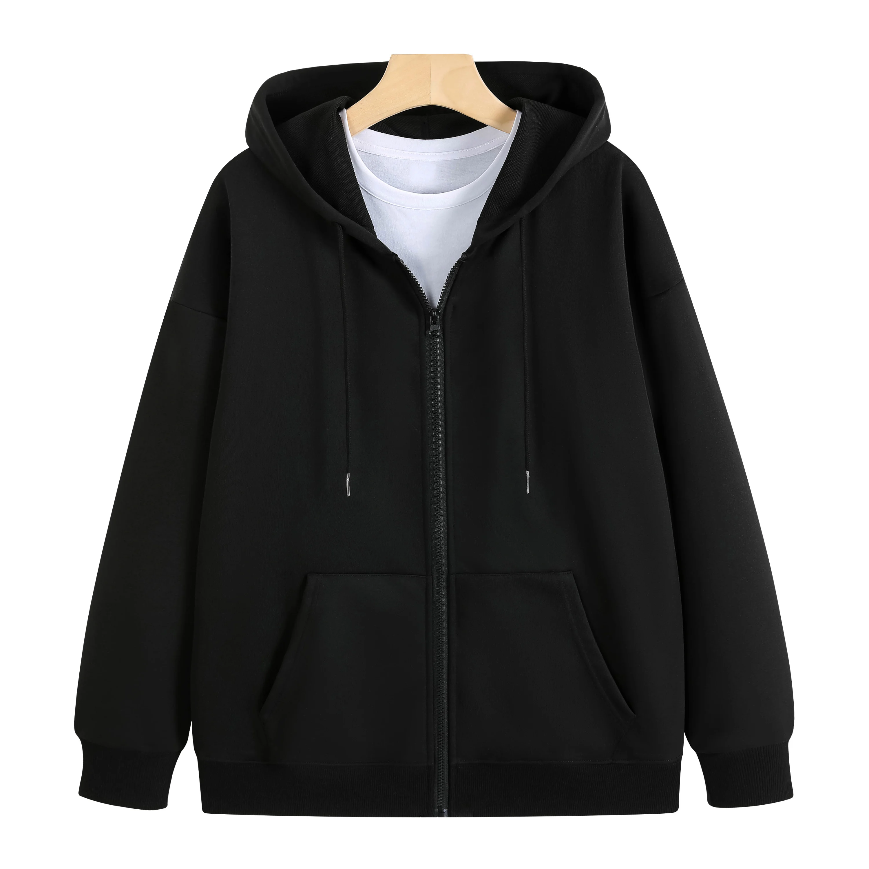 Wholesale High Quality Drop Shoulder Twill Lining Long Sleeve Heavy Cotton  Zip up Hoodies With Pockets for Men