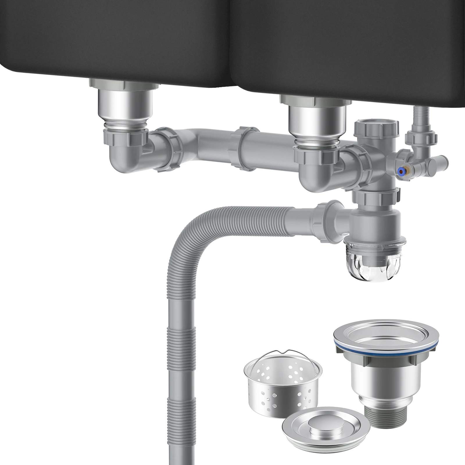 product space save kitchen sink drain for 40 double bowls kitchen drain with overflow of rear mounted flexible drain pipes-0