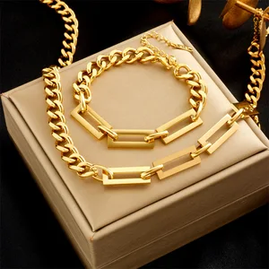 Unisex Punk Stainless Steel Miami Cuban Link Chain Necklace and Bracelet Set 2 Pcs/Set Gold Plated for Weddings