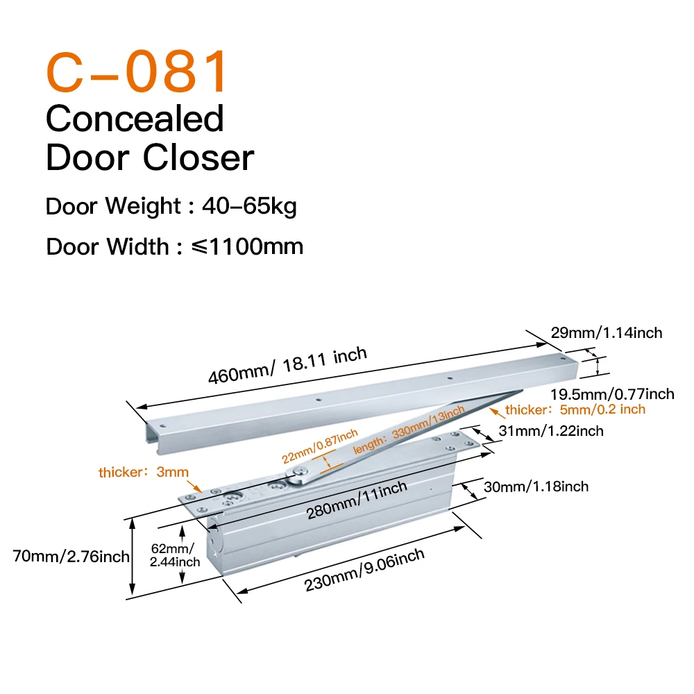 High Standard Automatic Adjustable Concealed Side Door Closer Aluminium Alloy Overhead Security Door Closer