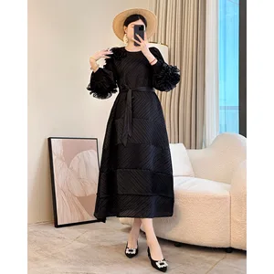 2026 Summer New Socialite High-End Heavy Embroidered Pleated Dress Age-Reducing Long Sleeve and Long Skirt Casual Style