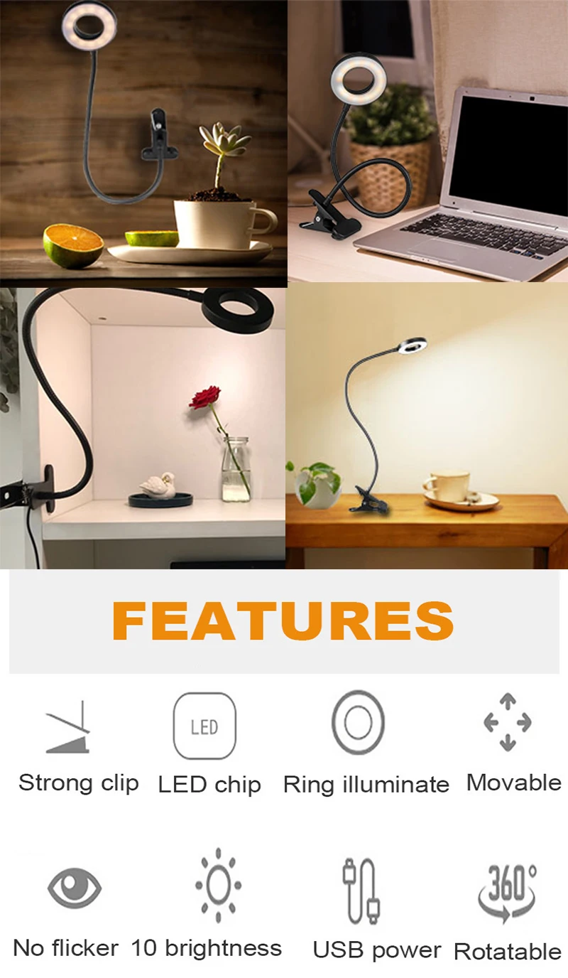 Mini Ring Light Desktop Light Usb Led Lamp Reading Multifunctional Bracket with 3 Color 10 Dimming Level