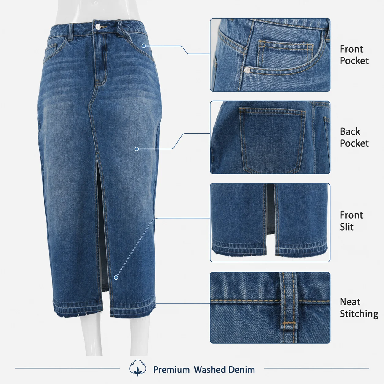 Washed Denim Midi Skirt with Front Slit High Waist Frayed Hem Casual Bodycon Skirt for Women