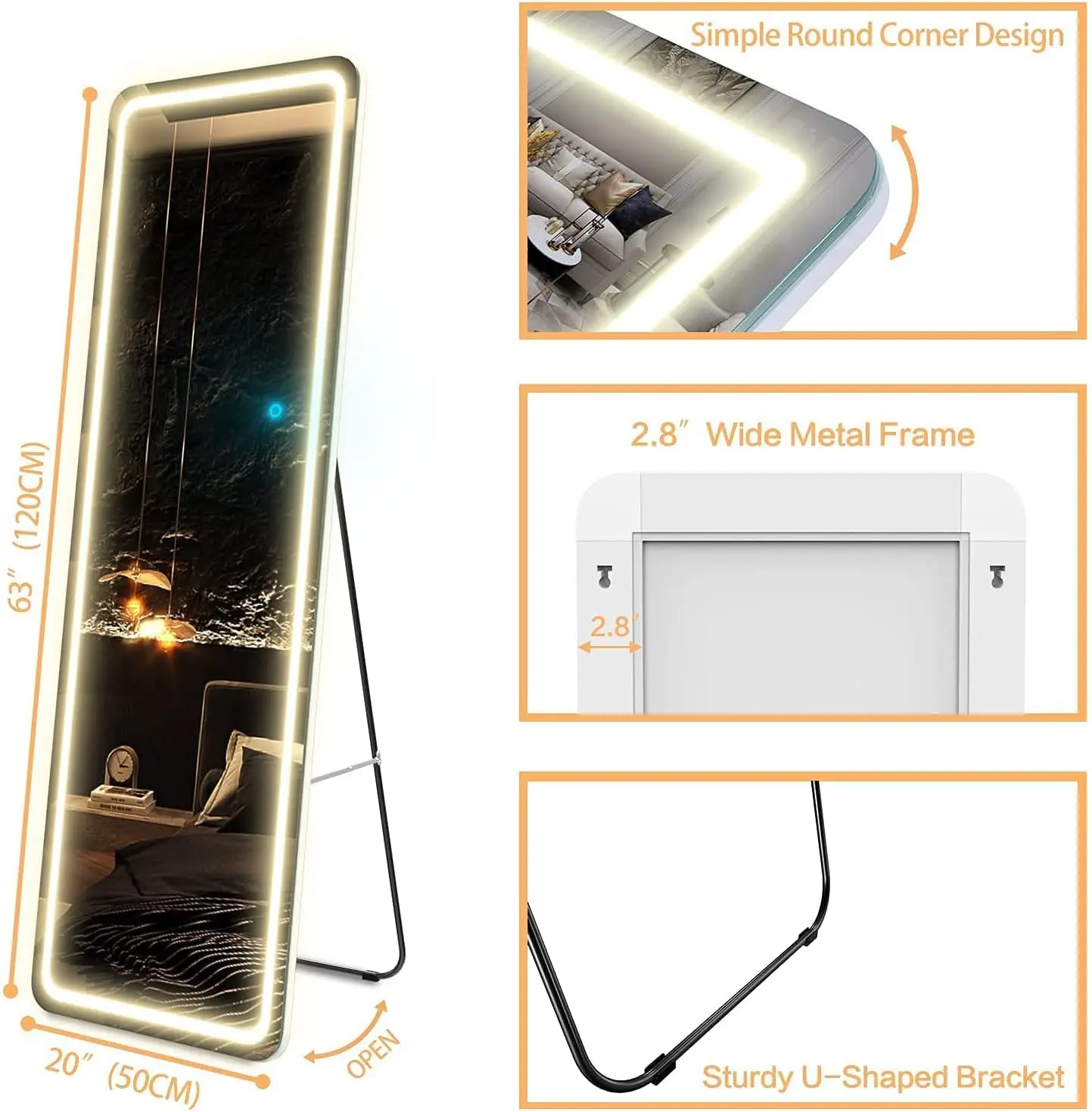 Custom Modern Simple Large Big Decorative Full Length Long Led Standing Makeup Mirror For Living