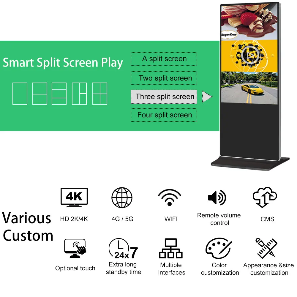 Indoor Interactive Kiosk LCD Signage Floor Stand Touch Screen 43 55inch Vertical Digital Signage Full HD LCD Advertising Screen