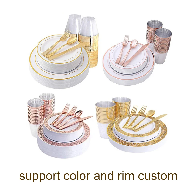Plastic Gold Tableware Dinnerware Combo Disposable Plates Cutlery Cups Napkin