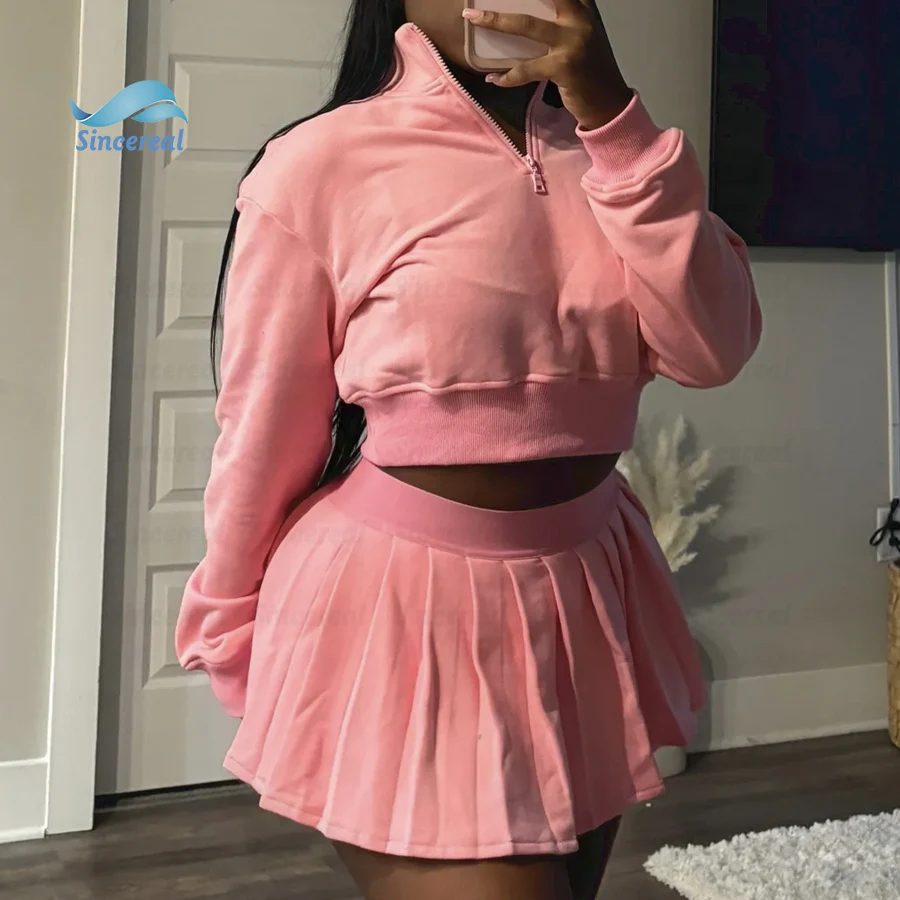 Custom Matching Outfit Quarter Zip Sweatshirts Mini Skort Pleated Skirt and Crop Top Hoodie 2 Piece Set for Women