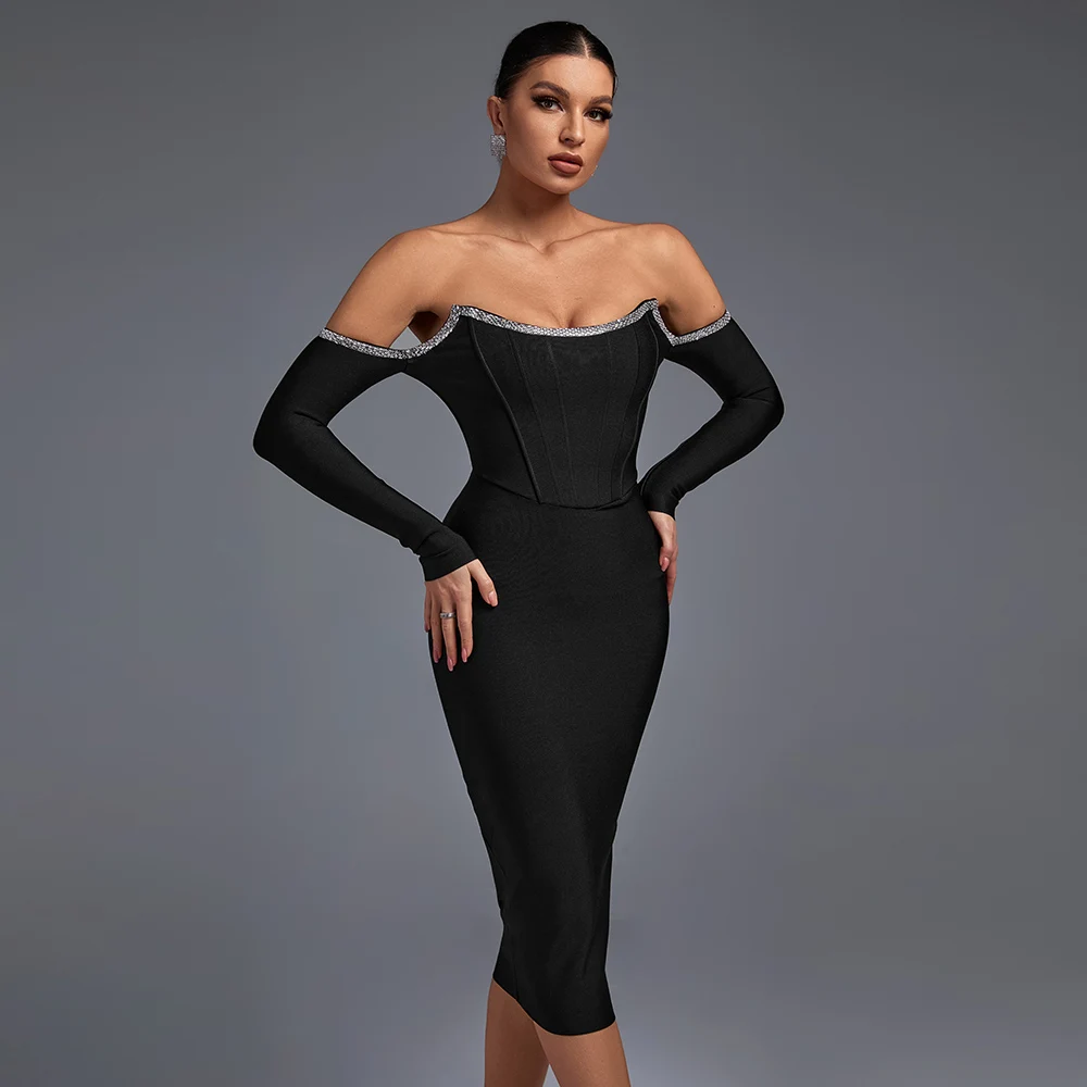 New Fashion Black Dress Off the Shoulder Long Sleeve Maxi Prom Dresses 2022  Summer Formal Evening Dresses Women