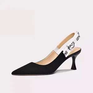 Women's Summer Collection Cat Heel Letter Sandals Pointed Toe Stiletto Mid Heel Fashionable Trendy High Heels for Outdoor Use