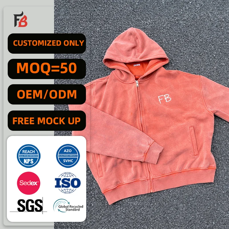 Manufacture Custom Cropped Boxy Zip up Acid Washed Blank Hoodies French Terry Blank Hoodies with Embroidery