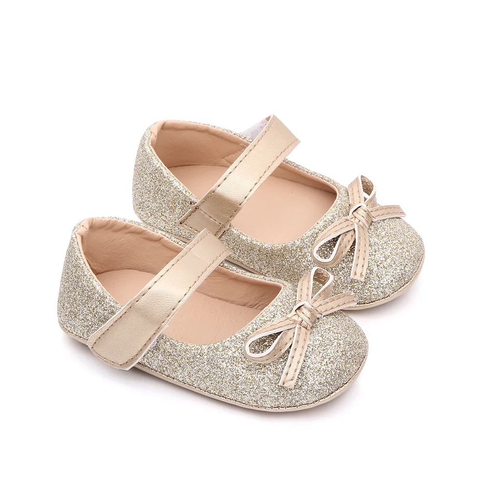 Spring and Summer New Sparkling Solid Color Glitter Bow Baby Girls Princess Walking Shoes manufacture