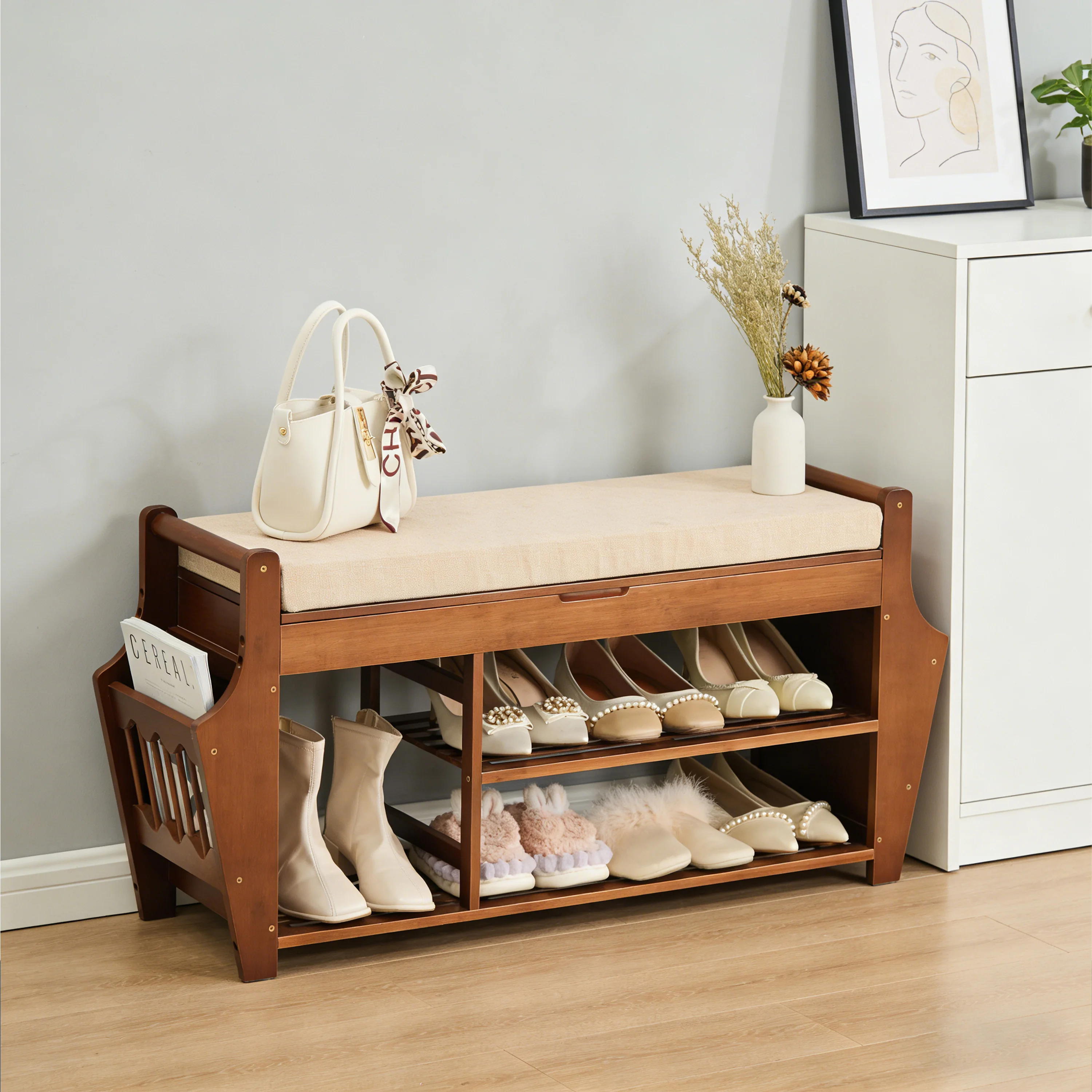 3-Layer Bamboo Shoe Rack Concealed Drawer Storage Platform Cushion for Home Entry Living Room Multi-Purpose Shoe Organizer