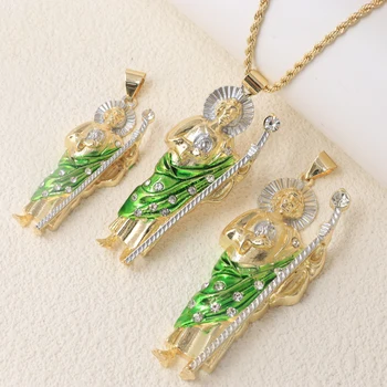 Religious Men Women Jewelry Accessories Hip Hop Gold Plated Jewelry Saint Jude San Judas Medalla Green Pendant