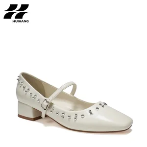 Comfortable Chic Studded Mary Jane Pumps for Women Square Toe Block Heel Formal & Casual Solid Pattern Leather Shoes Soft Touch
