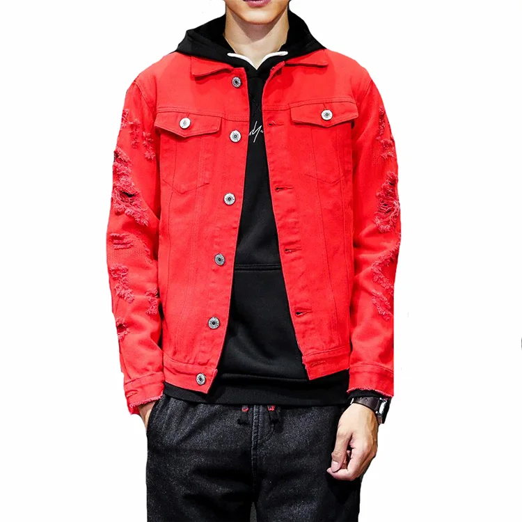 Men's Denim Jackets Male Nightclub Hip Hop Rivet Denim Coats Slim Outwear  Ripped Cowboy Jean Jackets Red S at  Men's Clothing store