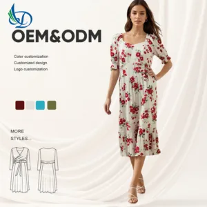 2026 Summer New French Long Dress Square Neck Romantic Ecological Flower Printed Pattern Summer Stunning Style