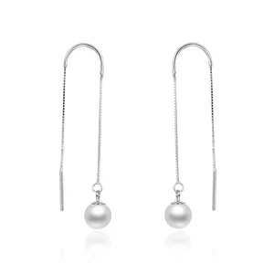 925 Sterling Silver Drop Pearl Stud Earrings with Chain Elegant Fashionable Jewelry