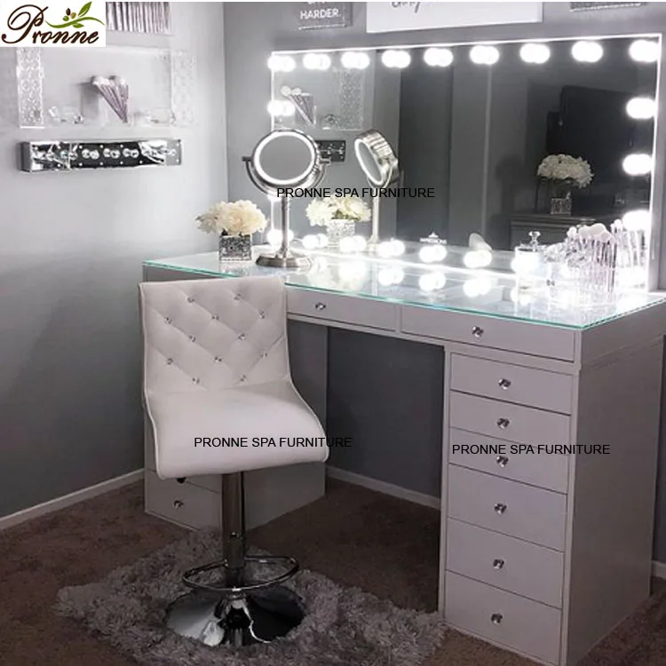 Modern White Vanity Hollywood Style Makeup Table Set With Lighted
