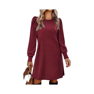 Women's Casual Solid Pattern Tunic Dress with Puff Sleeves Breathable Knit for Fall & Winter Natural Waist & Front Logo