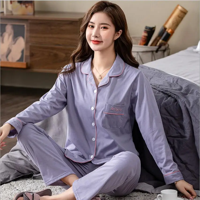 2021 New Solid Spring Sleepwear Set Long Sleeve Pajamas Pockets Home Clothes Casual Cute Nightsuits Pyjama Autumn Tops Pants
