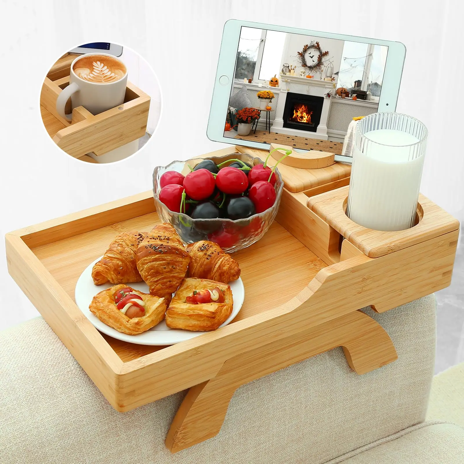 Couch Arm Tray, Multi-Function Folding Sofa Armrest Tray with 360°Rotating Phone&Pad Bracket, TV Tray for Eating and Beverage
