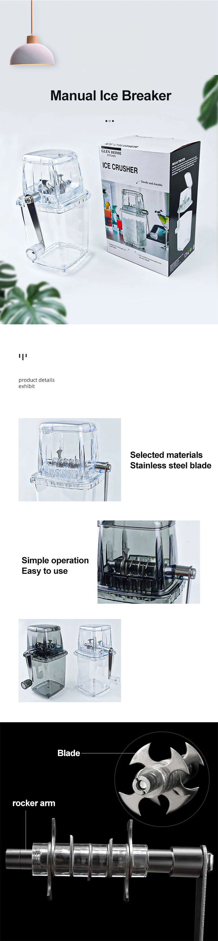 Manual Ice Crusher Hand Crank Snow Cone Portable Household Kitchen