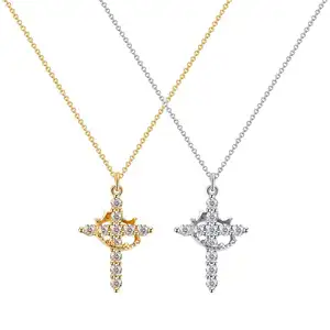 Gold/Silver Plated Zircon Cross Pendant Necklace Stainless Steel for Men Women