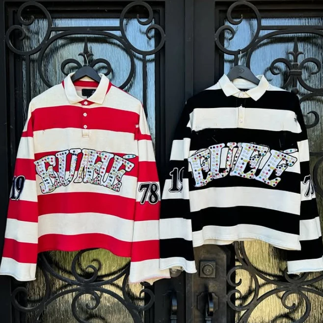 卸売 カスタムユニセックス オーバーサイズ フレンチテリー コットン ラインストーンストライプ クロップド長袖ポロTシャツ メンズ用